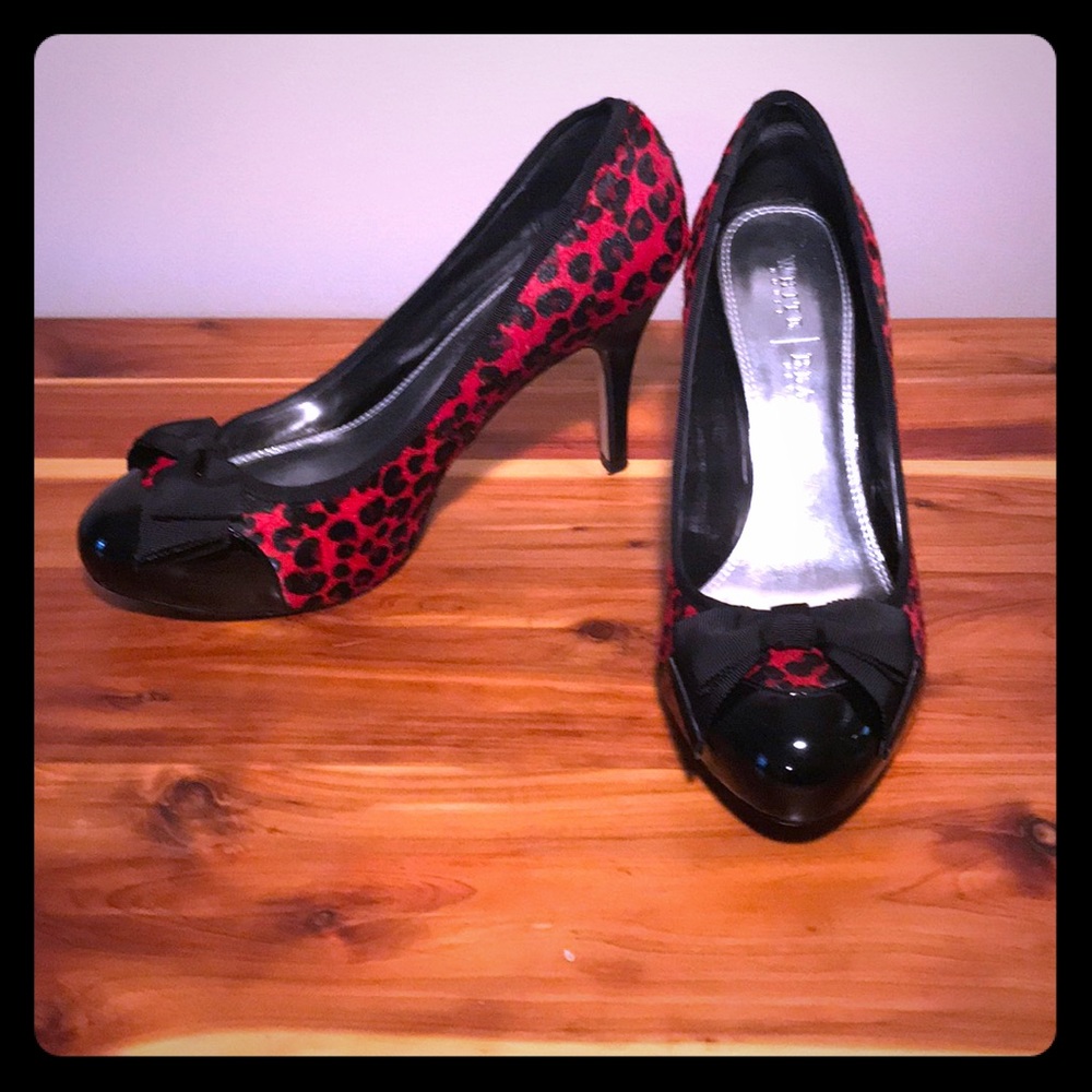 Red Leopard Print Peep-Toe Heels with Black Patent Trim